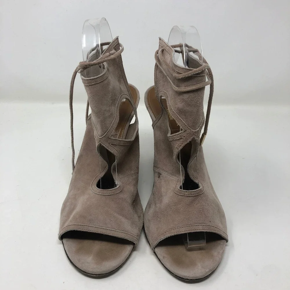 Aquazzura Belgravia Wedge Sandal Women 40 US 10 Taupe Suede Lace Up Cutout Italy
